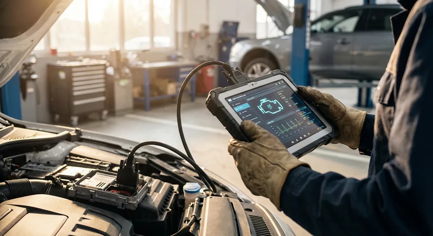 Mécanicien professionnel effectuant un diagnostic électronique sur une Renault.