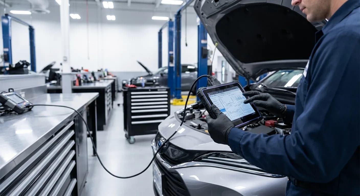 Technicien effectuant un diagnostic électronique sur une Toyota en atelier