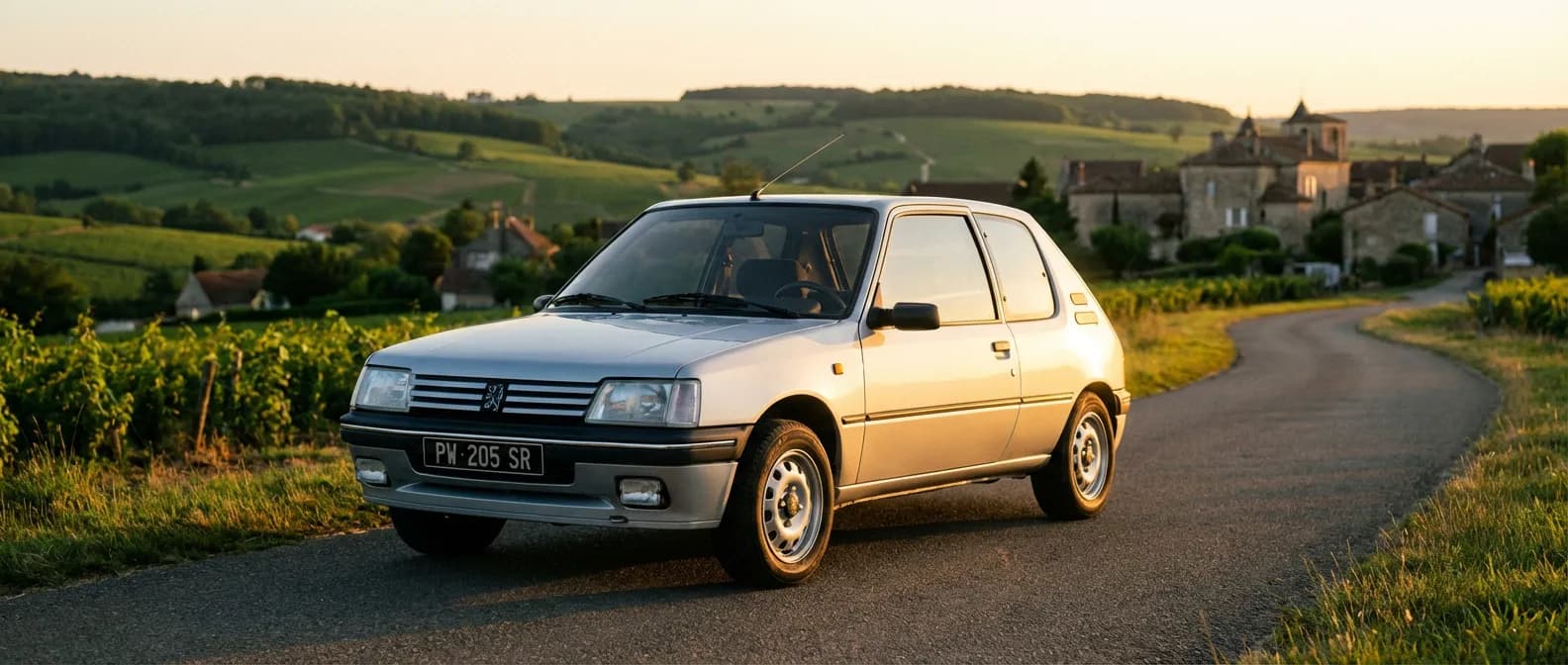 Peugeot 205 SR argentée sur une route de campagne au soleil couchant style magazine