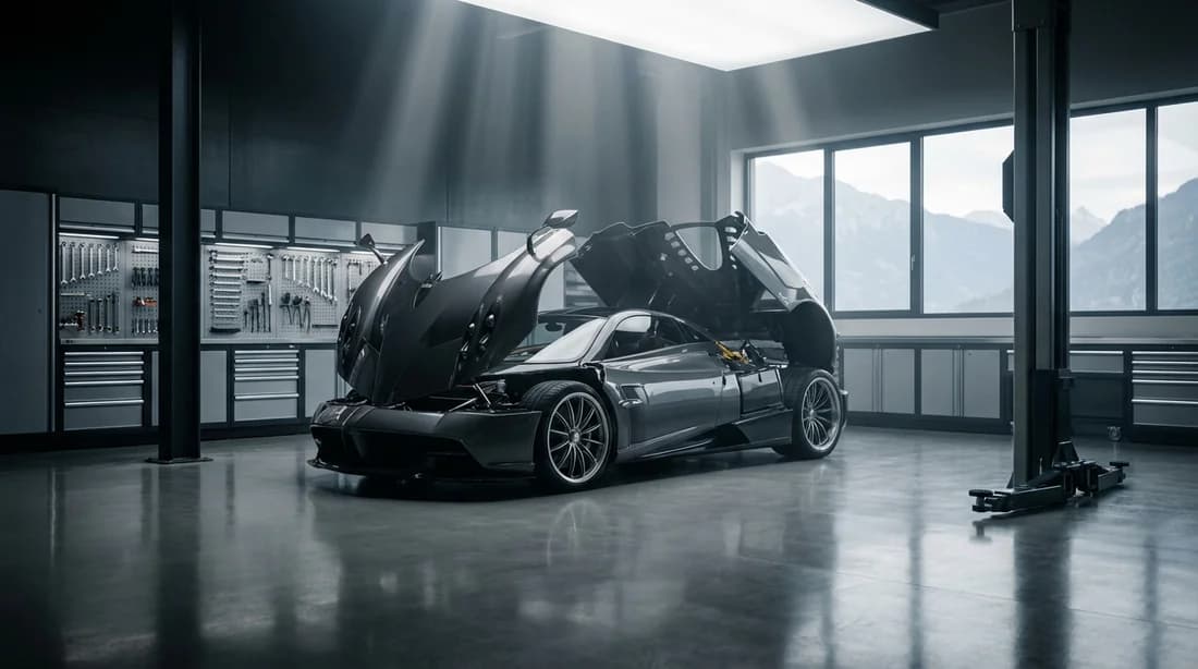 Vue panoramique d'un atelier mécanique de luxe avec une voiture de sport en maintenance sous un éclairage studio