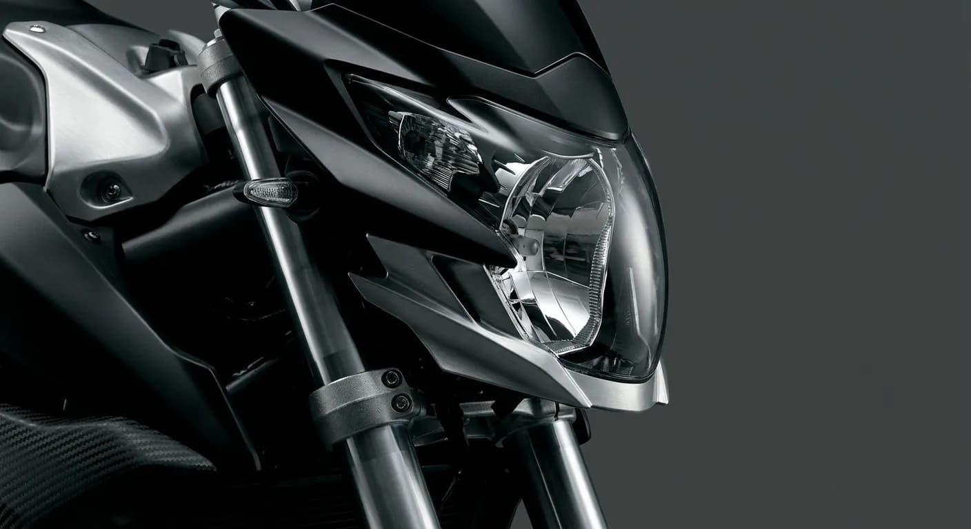 Gros plan sur l'optique avant iconique de la Suzuki GSR 750