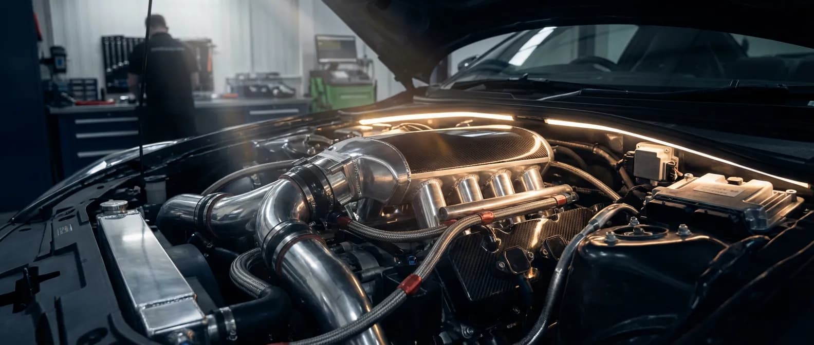 Vue cinématique d'un moteur de voiture moderne mettant en évidence le collecteur d'admission pour un code P2015