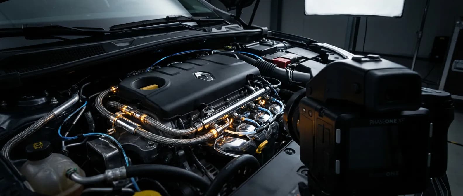 Vue cinématique d'un compartiment moteur Renault haute performance avec éclairage de studio.