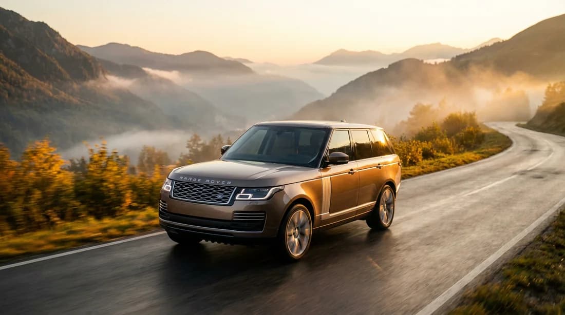 Une voiture de luxe circulant sur une route de montagne au coucher du soleil, illustrant la liberté de mobilité.