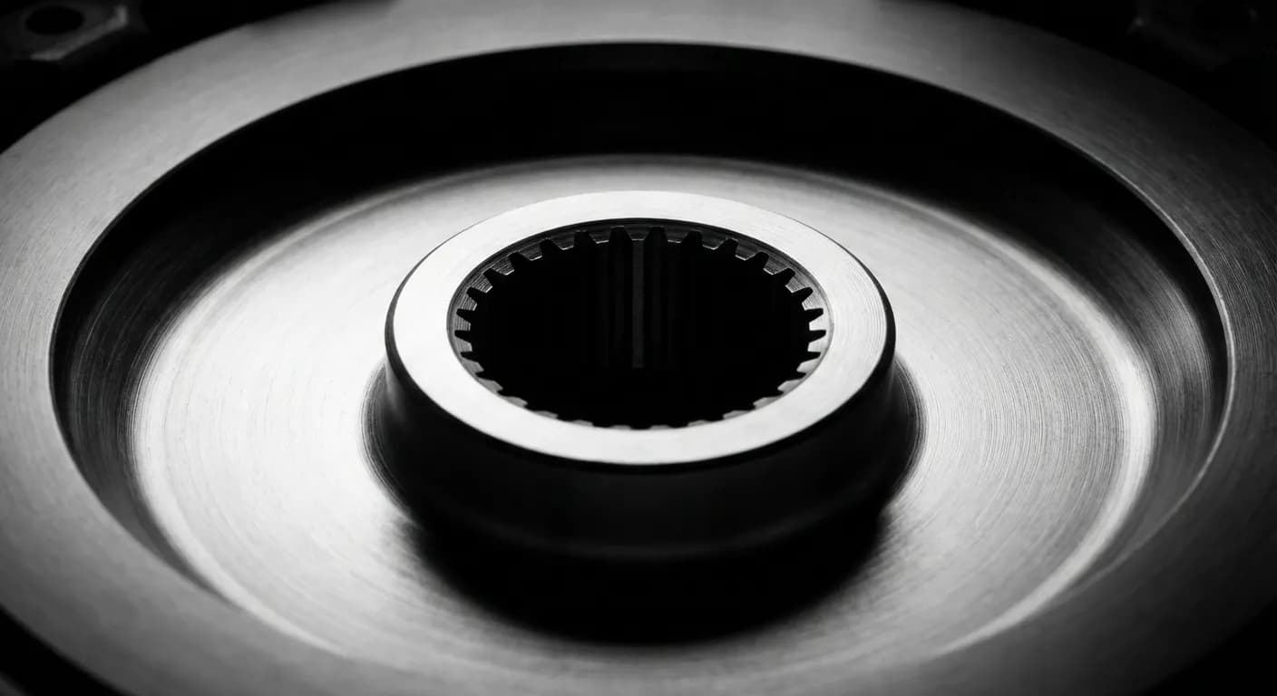 Détail macro du moyeu central d'un disque d'embrayage sur fond noir