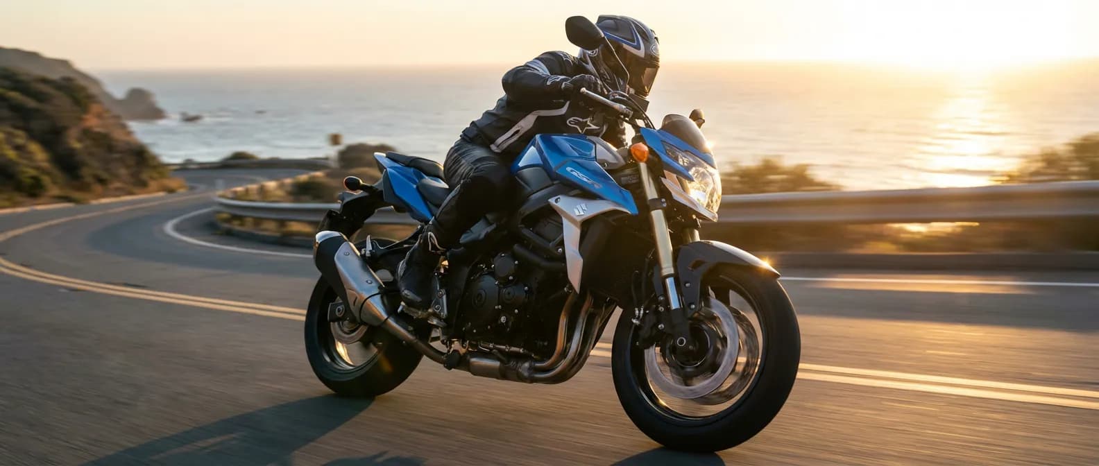 Moto Suzuki GSR 750 sur une route côtière au coucher du soleil