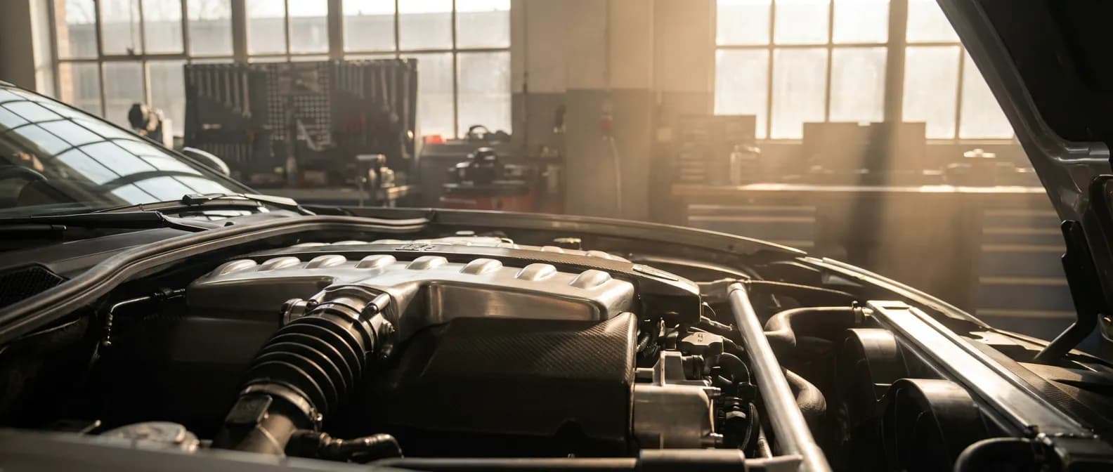 Vue cinématique d'un moteur moderne haute performance dans un atelier professionnel