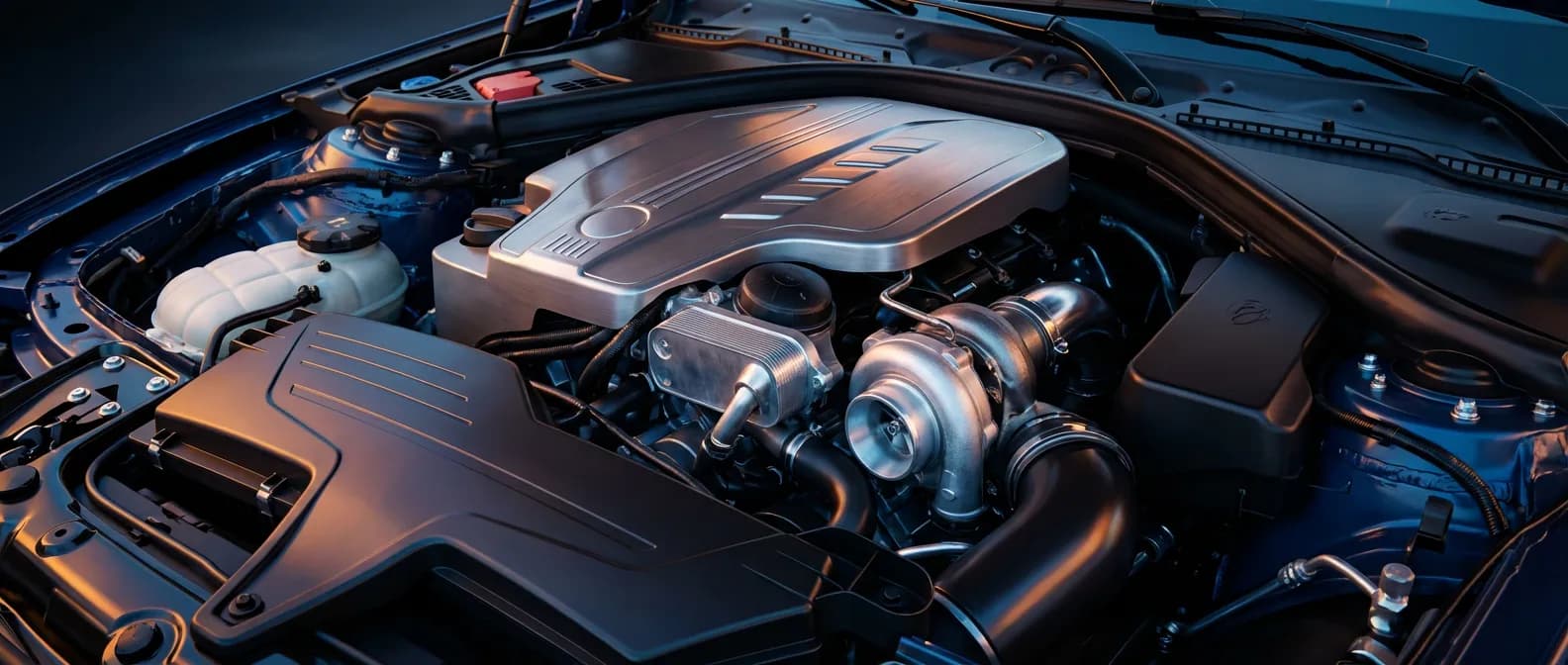 Vue cinématique haute résolution d'un moteur BMW N47N dans son compartiment moteur propre
