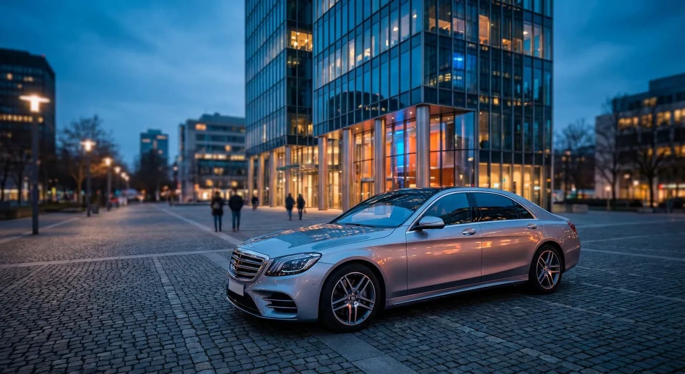Berline de luxe devant un bâtiment moderne reflétant la fiabilité et l'expertise automobile