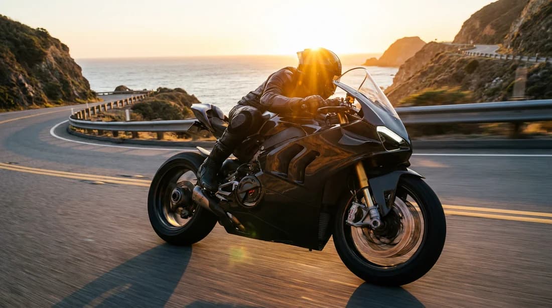 Une moto sportive noire filant à toute allure sur une route côtière sinueuse au coucher du soleil, style éditorial.