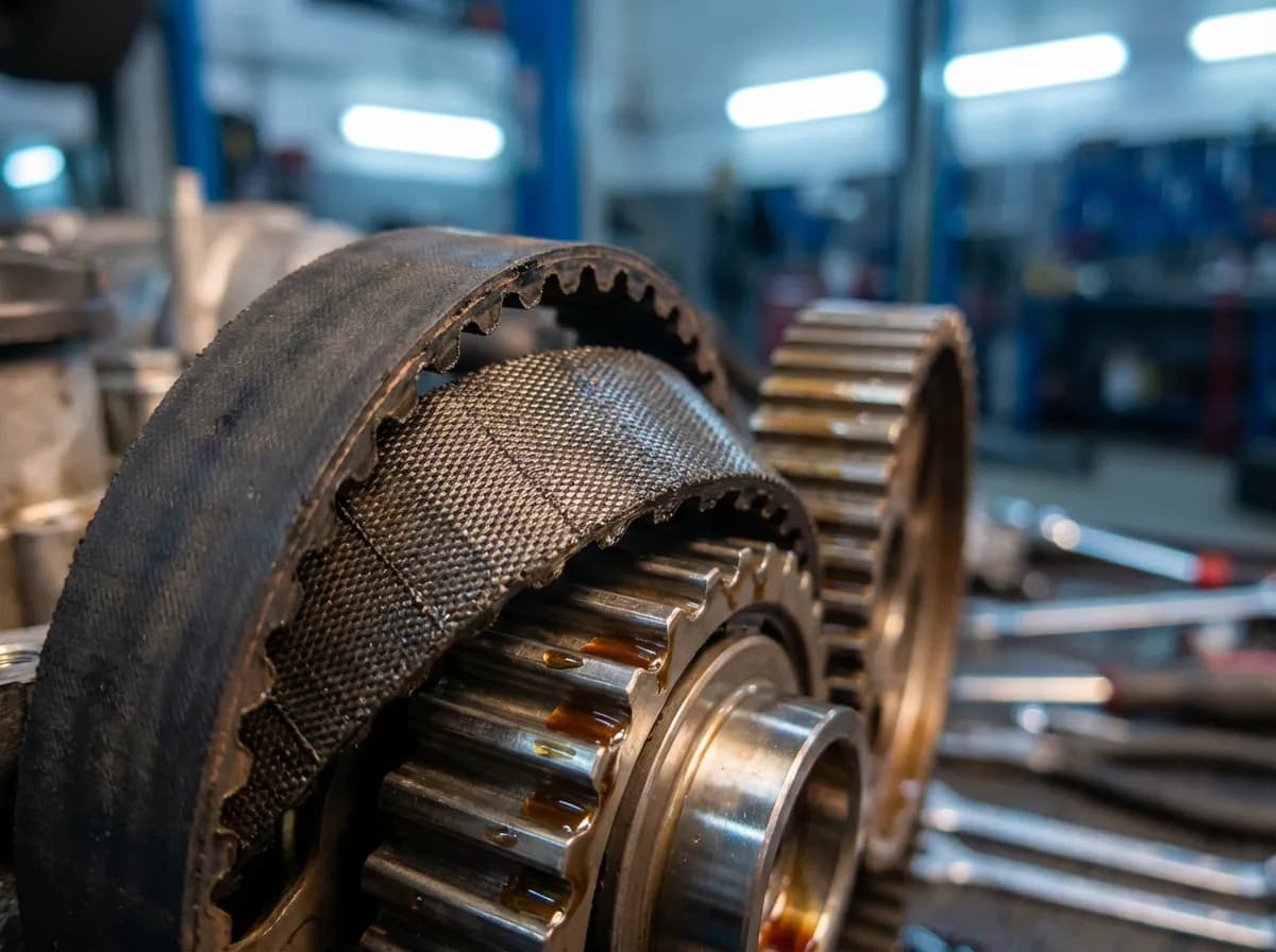 Détail macro d'une courroie de distribution et de composants mécaniques