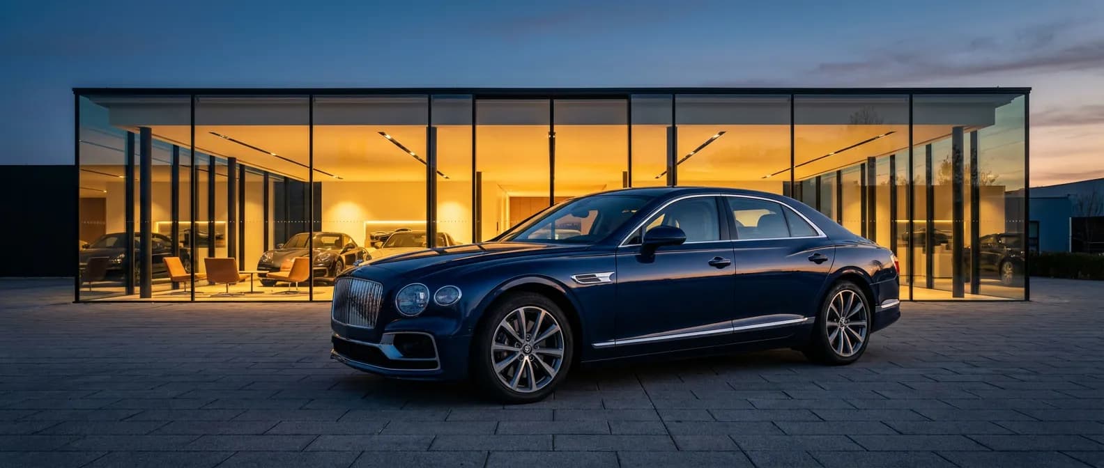 Vue cinématographique d'une voiture de luxe devant une agence automobile moderne au crépuscule