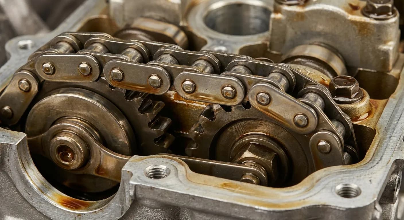 Détail macro de la chaîne de distribution et des composants internes du moteur BMW N47N