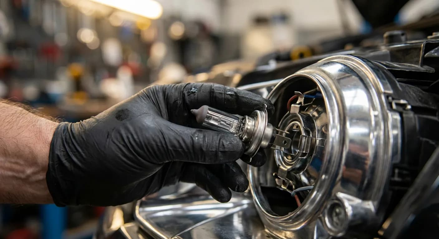 Main d'un mécanicien installant une nouvelle ampoule dans l'optique d'une Peugeot 206