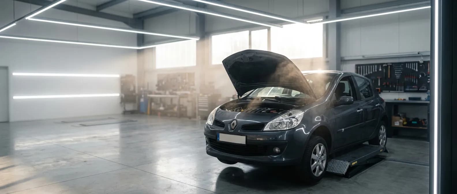 Vue cinématique d'une Clio 3 avec capot ouvert pour la réparation du circuit de lave-glace