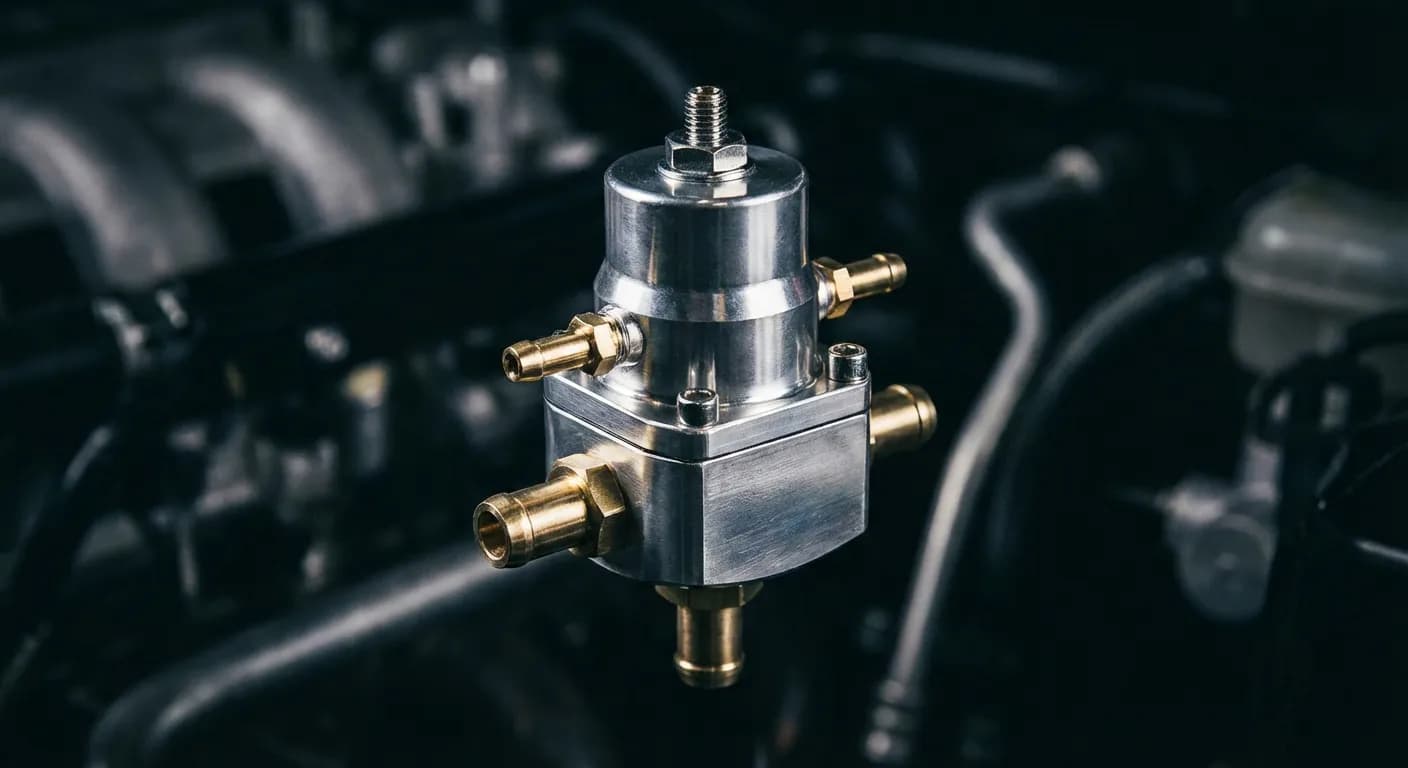 Gros plan iconique d'un régulateur de pression de carburant sur fond sombre.