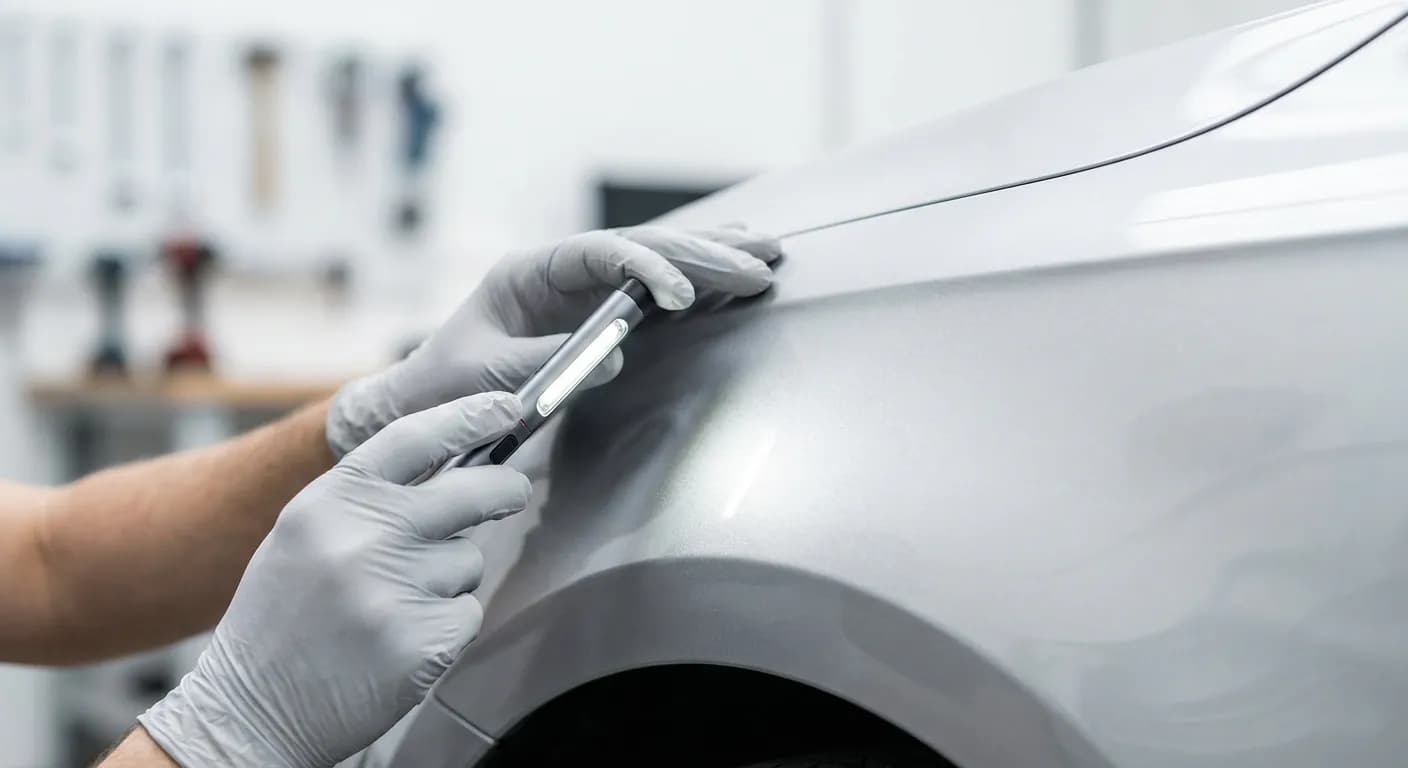 Expert automobile inspectant minutieusement la carrosserie d'un véhicule