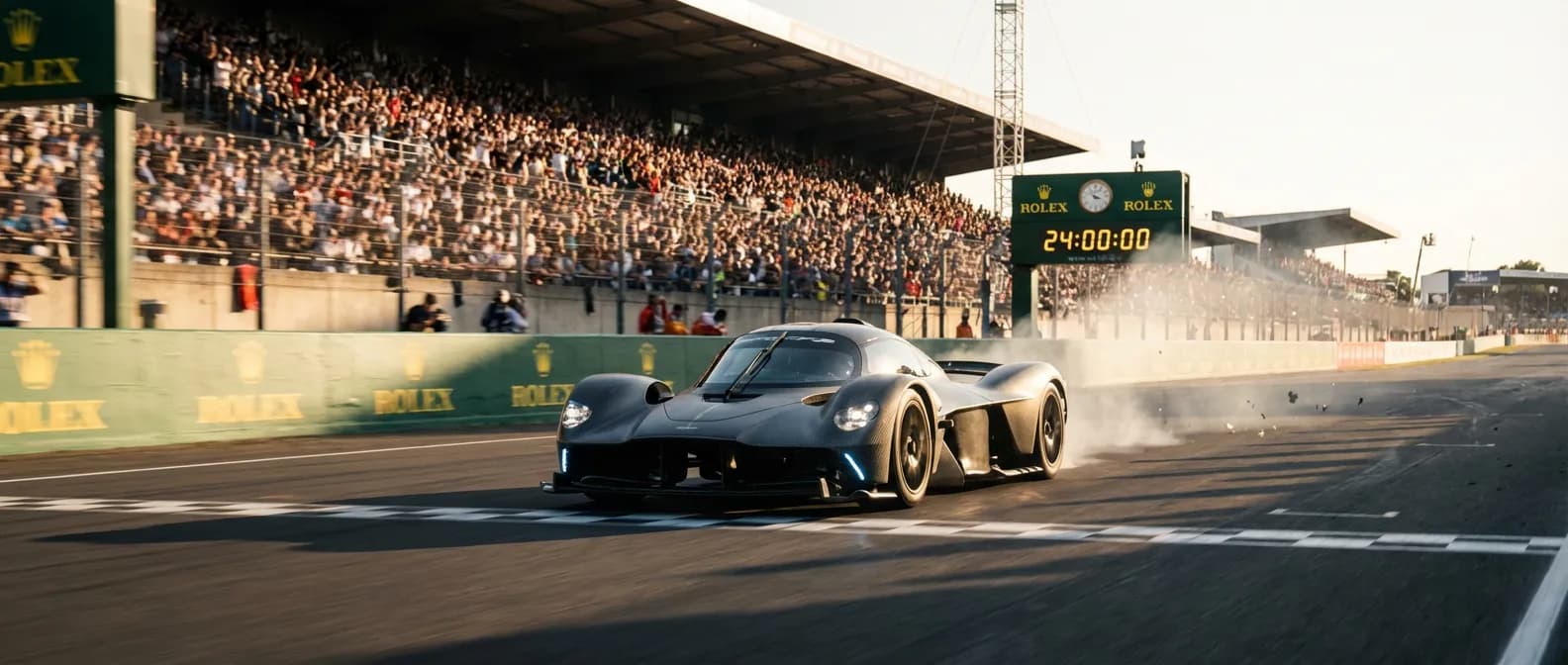 Hypercar franchissant la ligne d'arrivée des 24 Heures du Mans 2025 au coucher du soleil