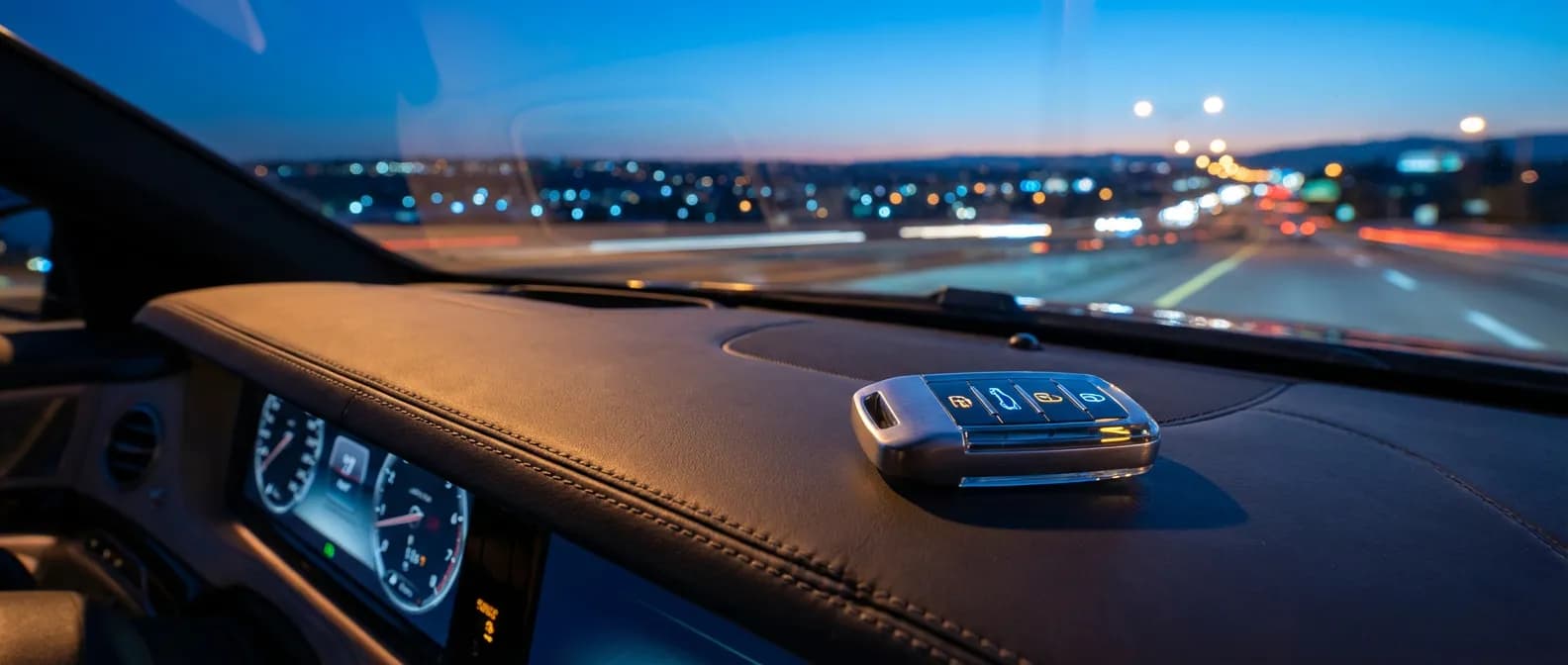 Tableau de bord de voiture de luxe avec clé électronique en gros plan montrant un système de sécurité