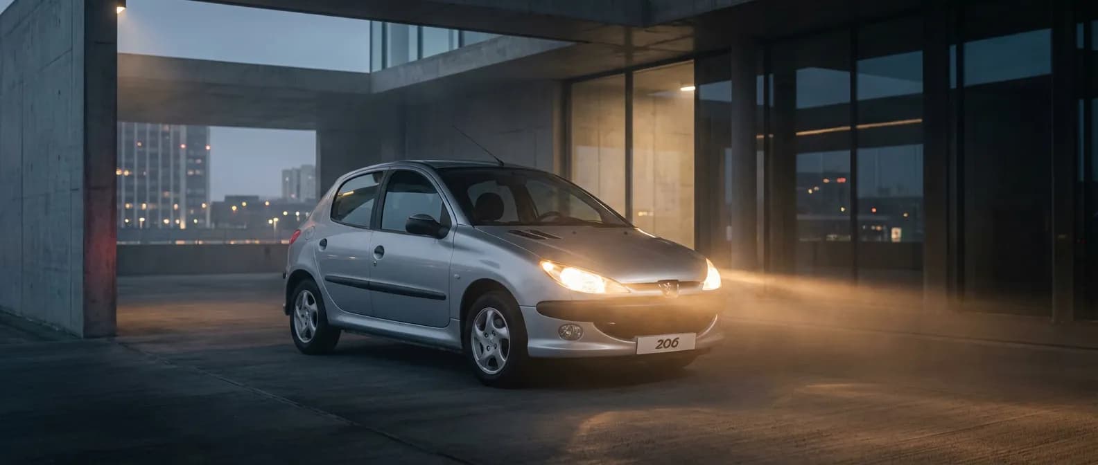 Phares d'une Peugeot 206 brillant dans un garage moderne au style éditorial