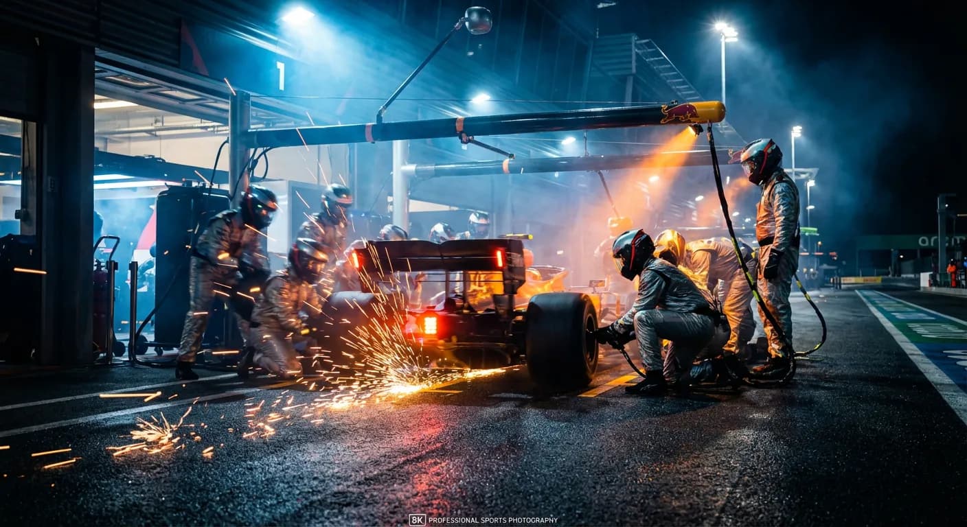 Équipe de mécaniciens en plein arrêt au stand nocturne pendant la course du Mans