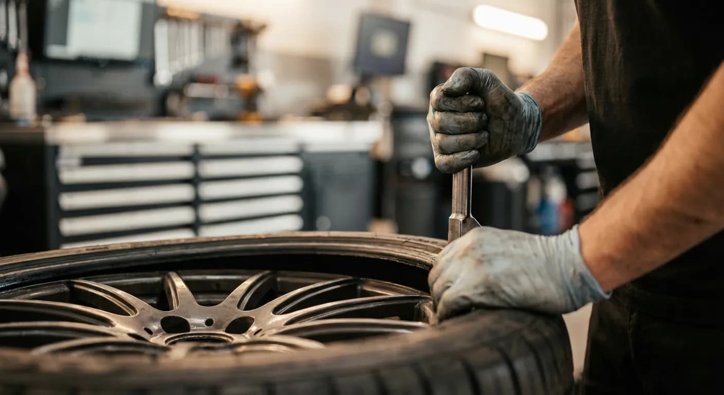 Mécanicien professionnel montant un pneu dans un garage partenaire Toopneus