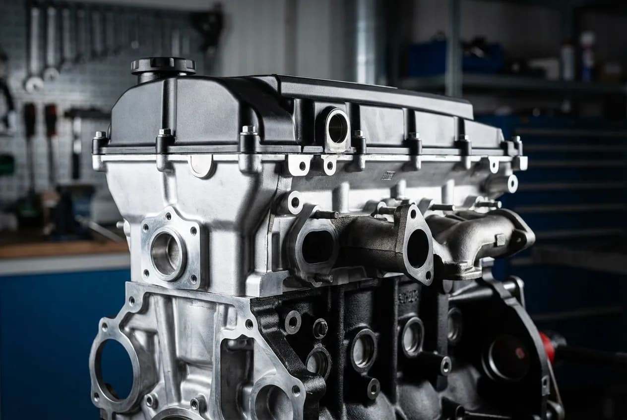 Gros plan stylisé du bloc moteur BMW N47N sur fond contrasté