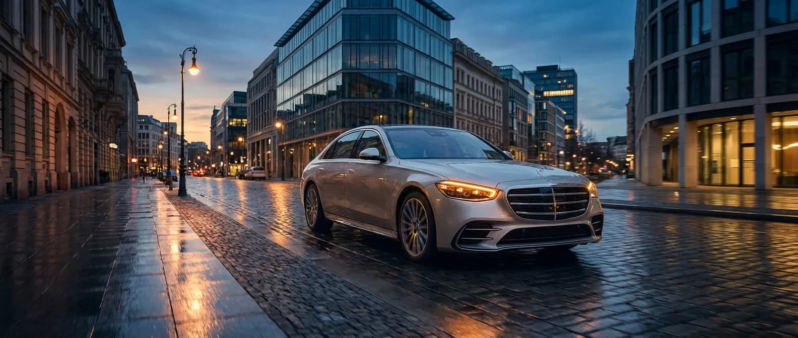 Une luxueuse Mercedes-Benz S-Class circulant dans une ville moderne au crépuscule