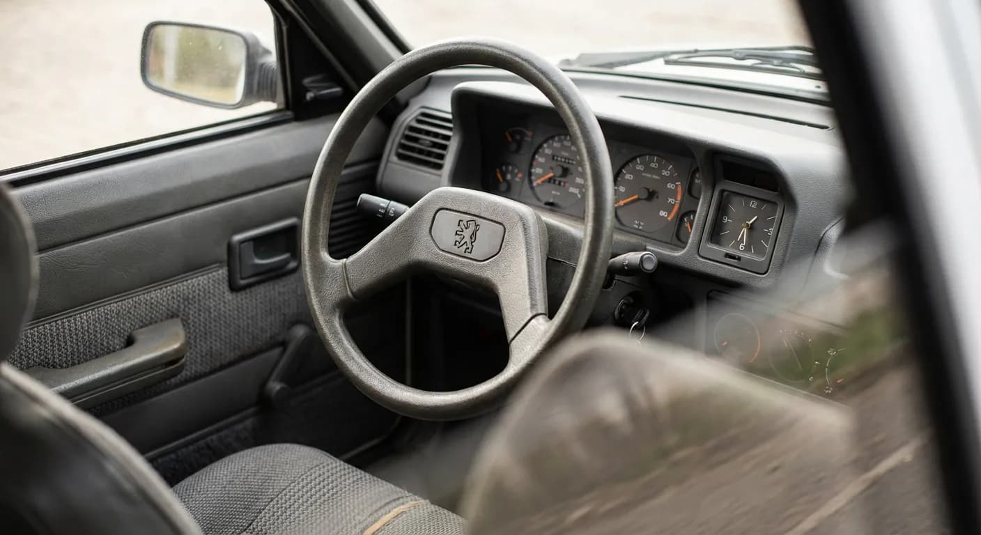 Détails de l'habitacle et du tableau de bord d'une Peugeot 205 SR