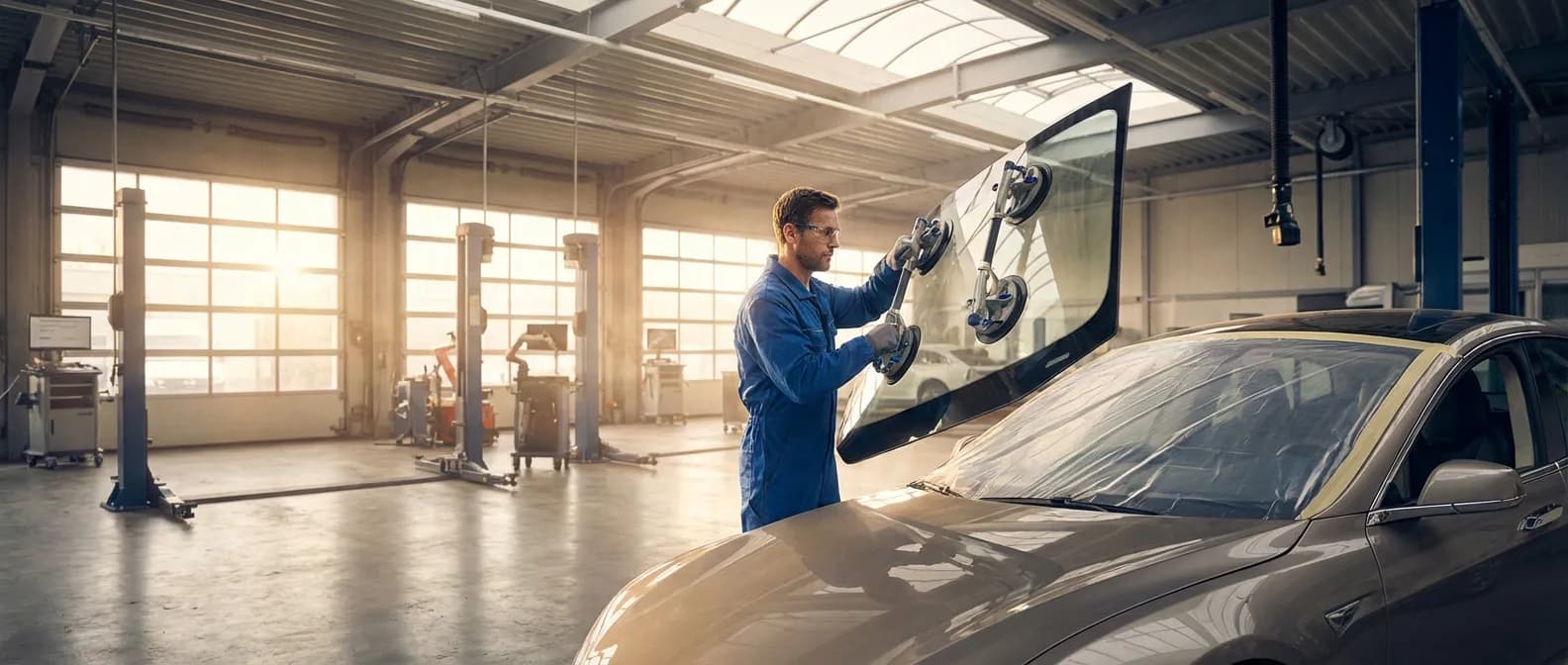 Transition de la solution temporaire au vitrage définitif Atelier professionnel préparant le remplacement définitif du vitrage après une pose de plexiglass.