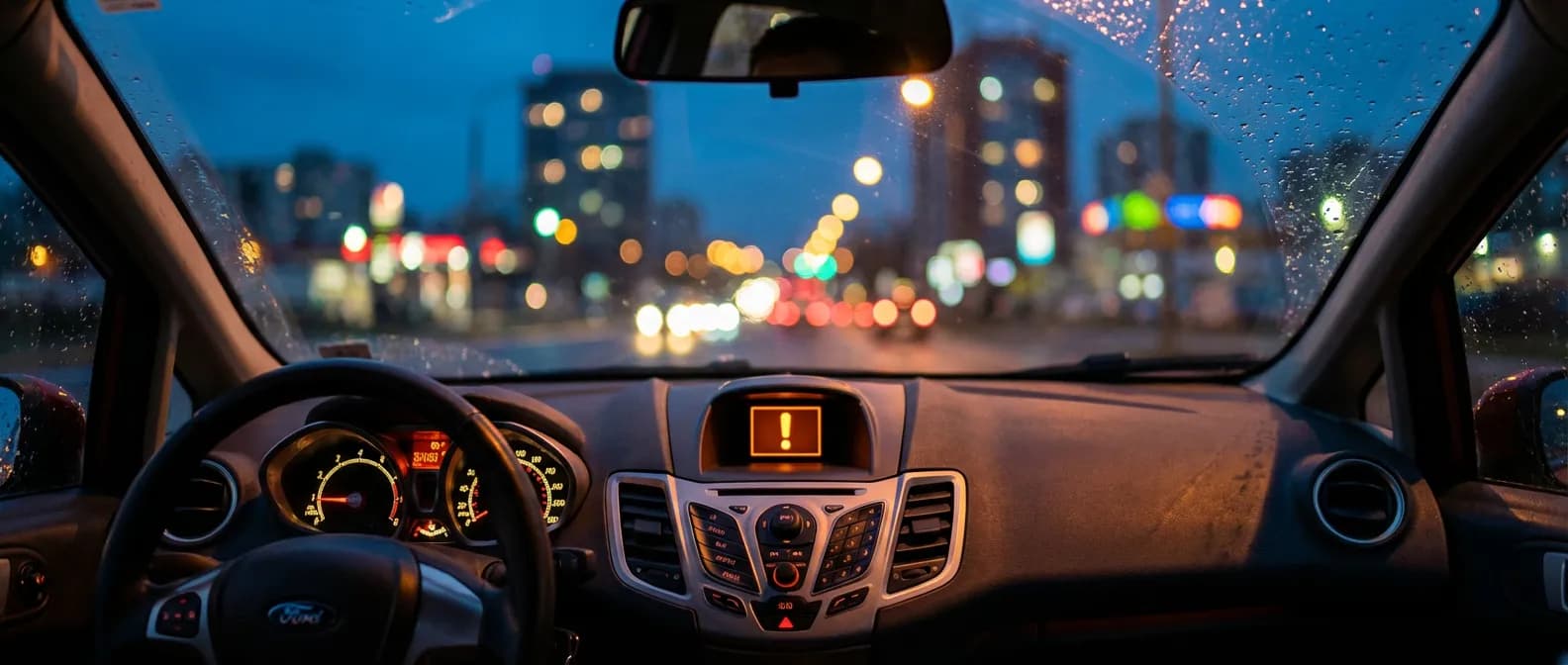 Voyant orange Ford Fiesta en situation de conduite nocturne Vue cinématique du tableau de bord d'une Ford Fiesta avec un voyant d'exclamation orange allumé
