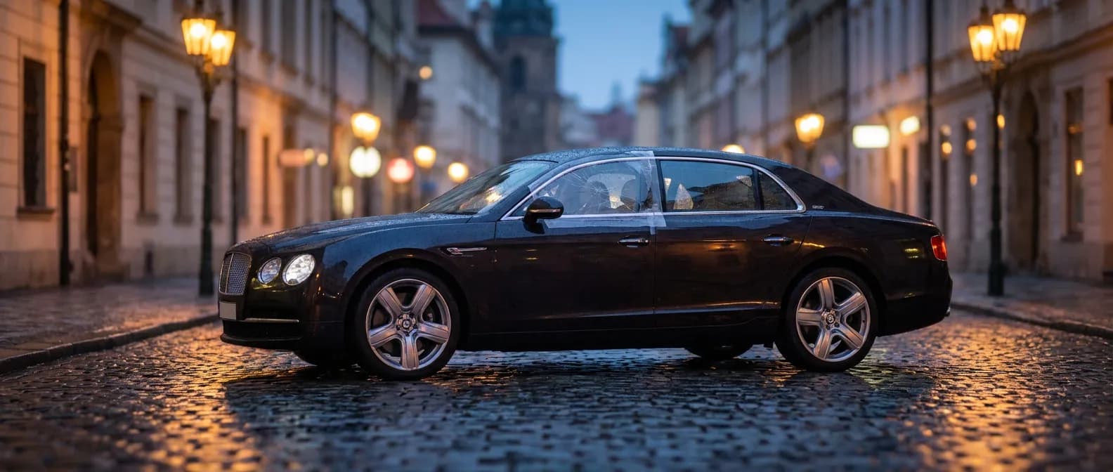 Plexiglass de protection provisoire Carglass haute qualité Protection temporaire en plexiglass sur une vitre latérale de voiture brisée dans une rue urbaine au crépuscule.