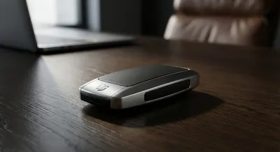 Gros plan d'une clé de voiture moderne sur un bureau en bois