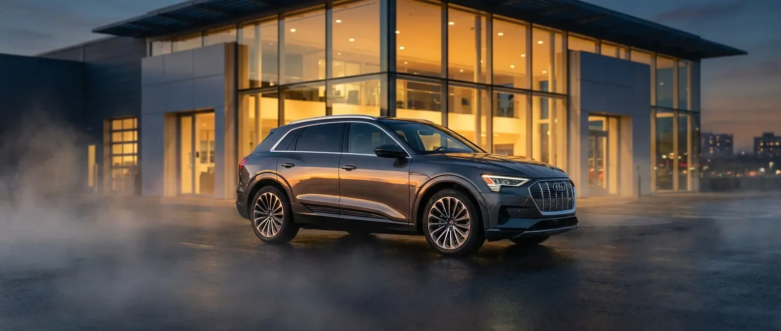 SUV Toyota moderne stationné devant une concession élégante au crépuscule