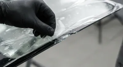 Gros plan sur l'application d'un plexiglass provisoire après un bris de glace.