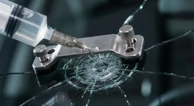 Gros plan macro d'une injection de résine dans un impact de pare-brise