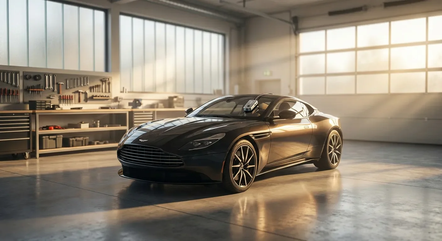 Vue cinématographique d'une réparation professionnelle d'un impact sur pare-brise dans un atelier haut de gamme