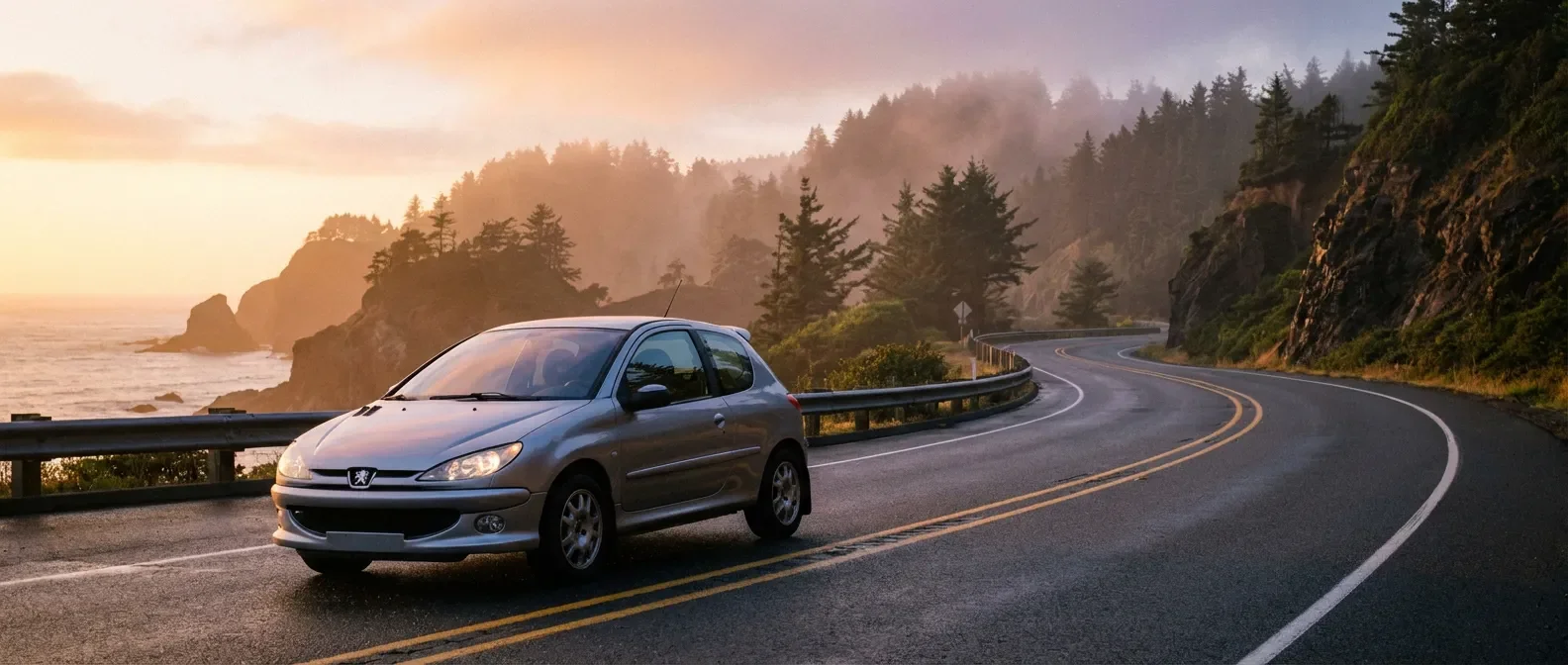 Une Peugeot 206 GT grise roulant sur une route sinueuse au lever du soleil, style éditorial.