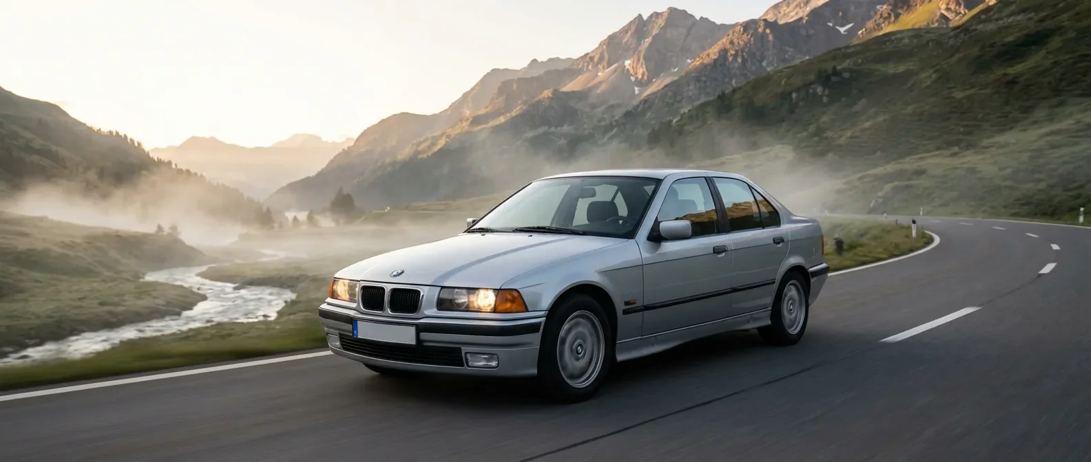 BMW 325 tds e36 roulant sur une route de montagne au lever du soleil