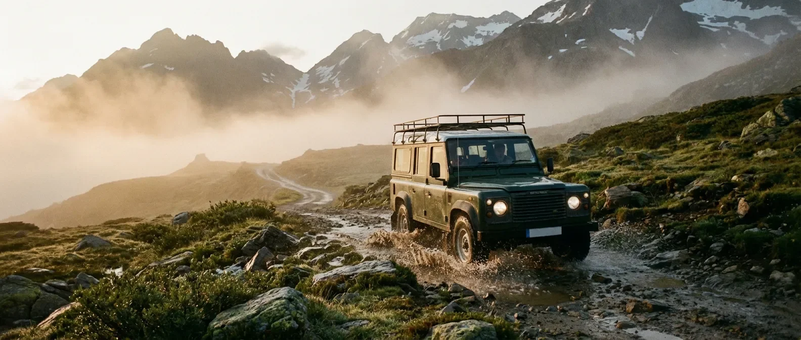 Land Rover Defender TD5 traversant un paysage montagneux épique au lever du soleil