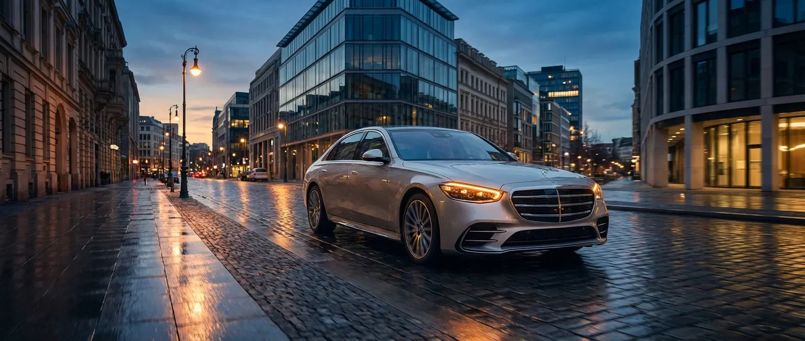 Une luxueuse Mercedes-Benz S-Class circulant dans une ville moderne au crépuscule