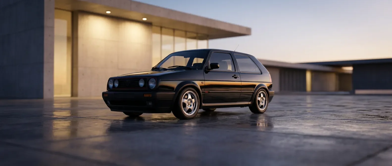 Volkswagen Golf MK2 G60 noire dans un décor architectural moderne au crépuscule