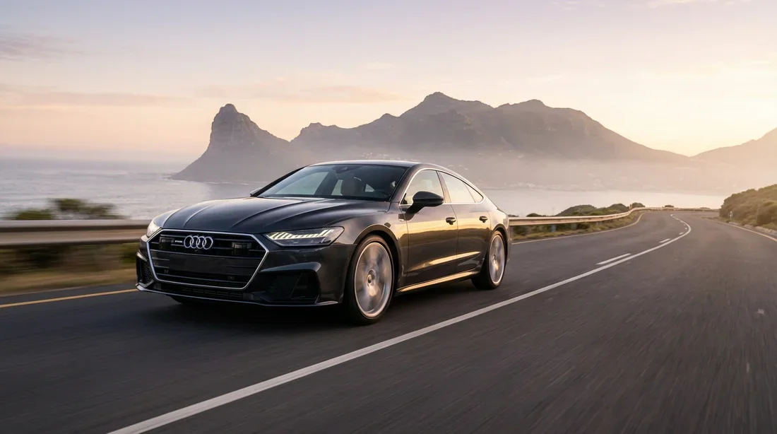 Une voiture de luxe parcourant une route côtière sinueuse au lever du soleil