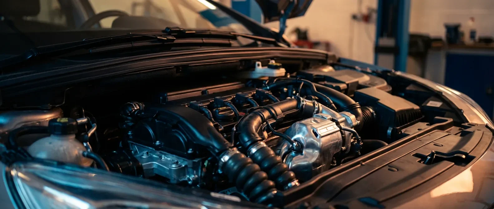 Vue cinématique en gros plan du moteur 1.6 THP 165 dans un atelier moderne.