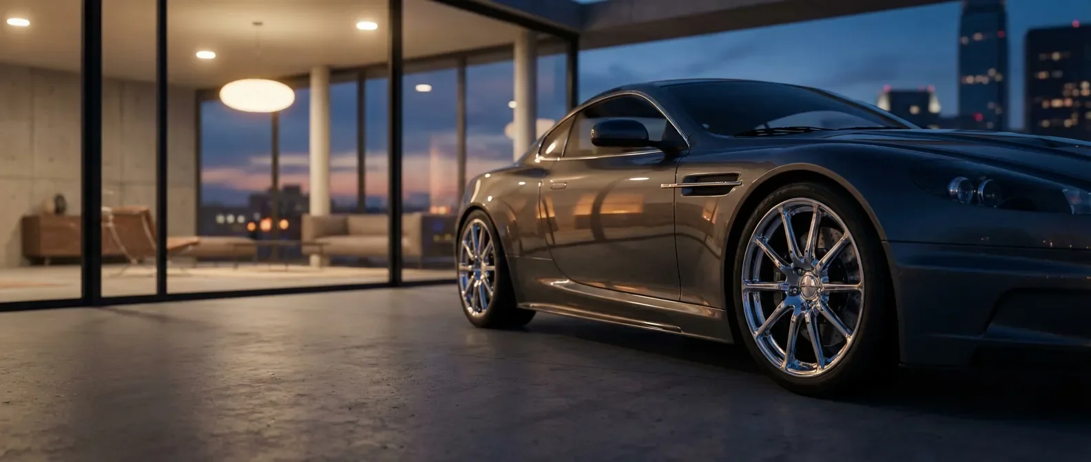 Une voiture de sport haut de gamme avec des jantes en alliage brillant dans un showroom moderne reflétant l'expertise LDPrestige