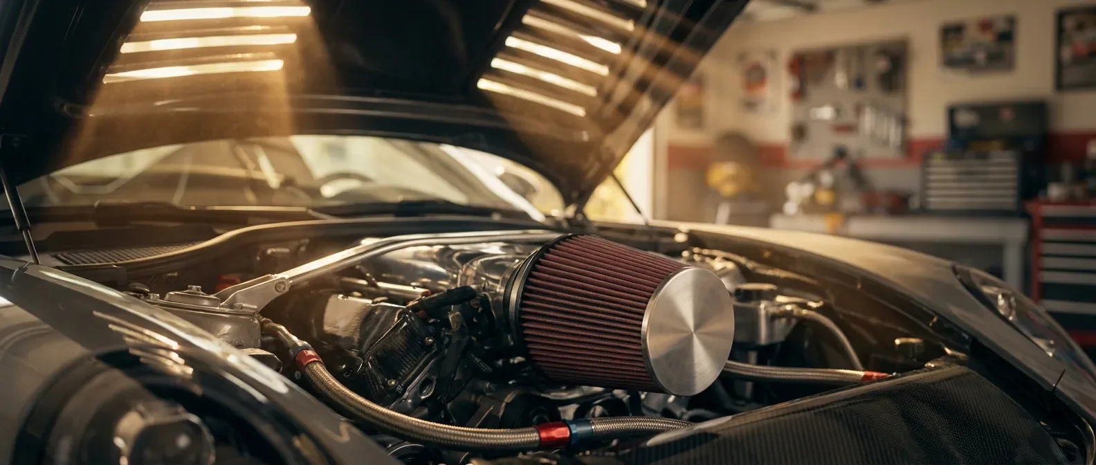 Gros plan cinématique d'un moteur haute performance avec un filtre à air sport.