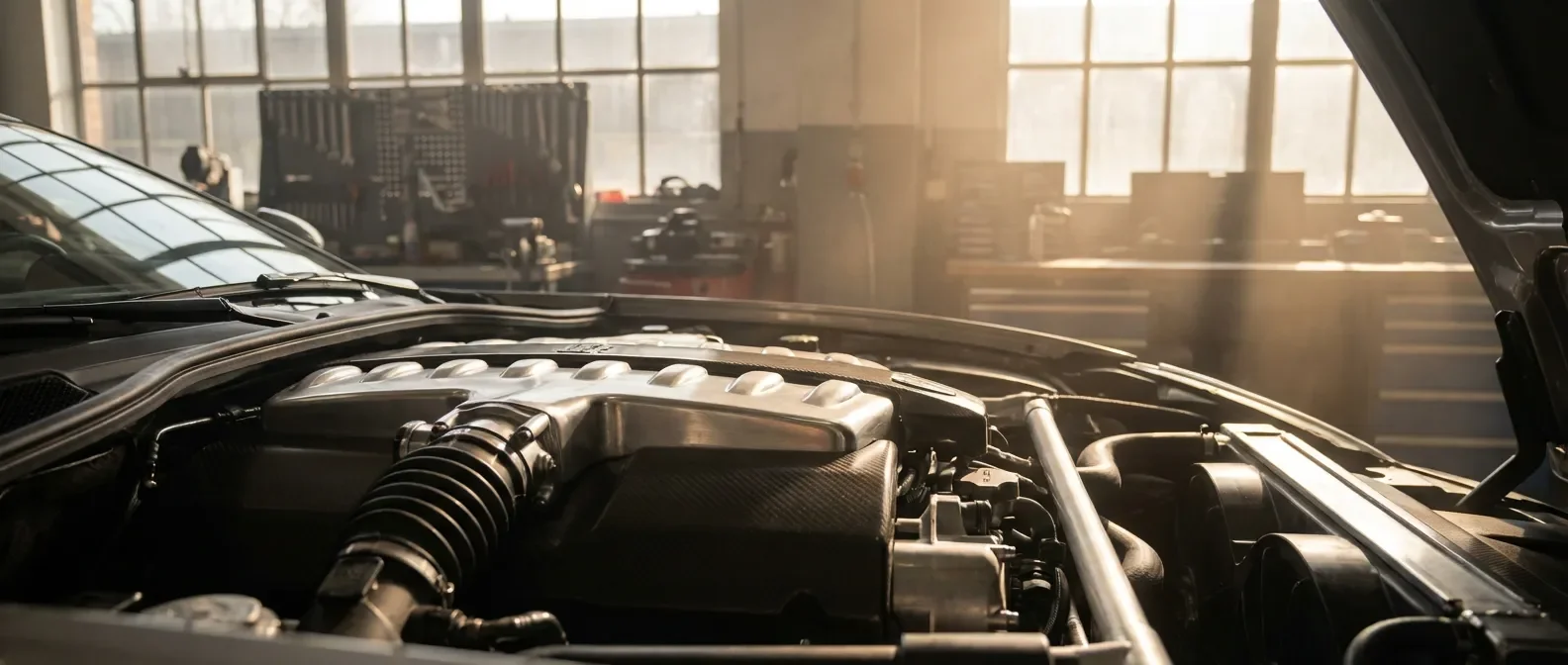 Vue cinématique d'un moteur moderne haute performance dans un atelier professionnel