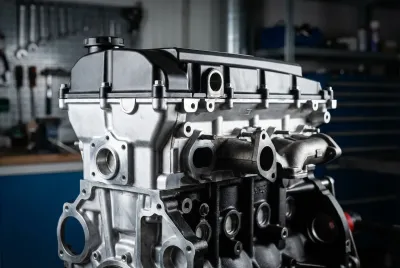 Gros plan stylisé du bloc moteur BMW N47N sur fond contrasté