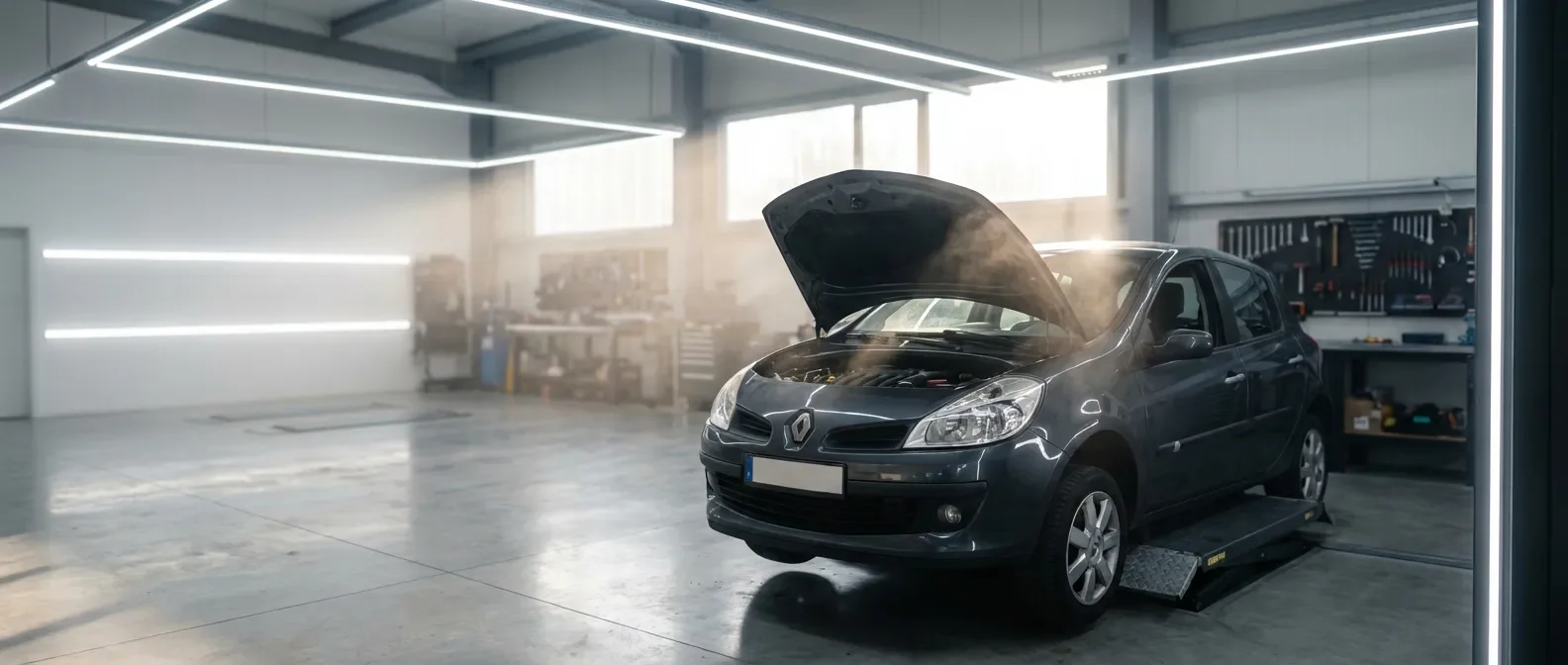 Vue cinématique d'une Clio 3 avec capot ouvert pour la réparation du circuit de lave-glace