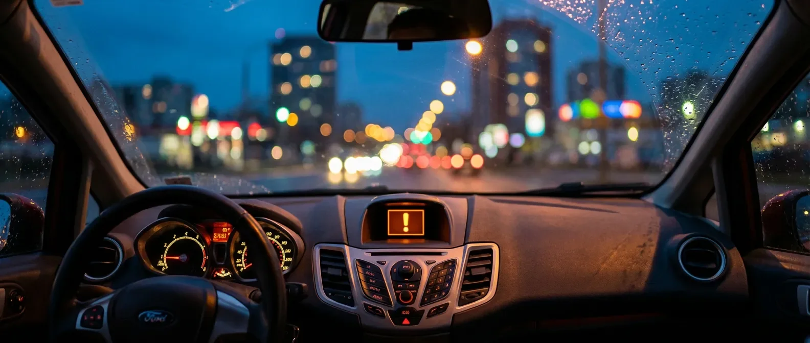 Vue cinématique du tableau de bord d'une Ford Fiesta avec un voyant d'exclamation orange allumé